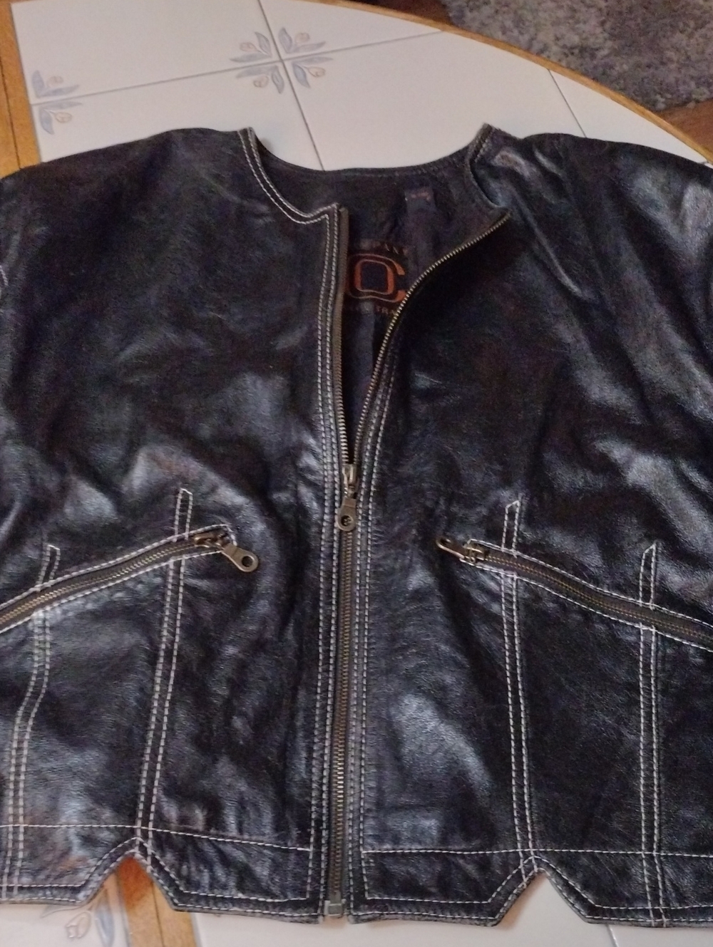 Ellen Tracy Black Leather Zip-Front Bomber Jacket with White Topstitching